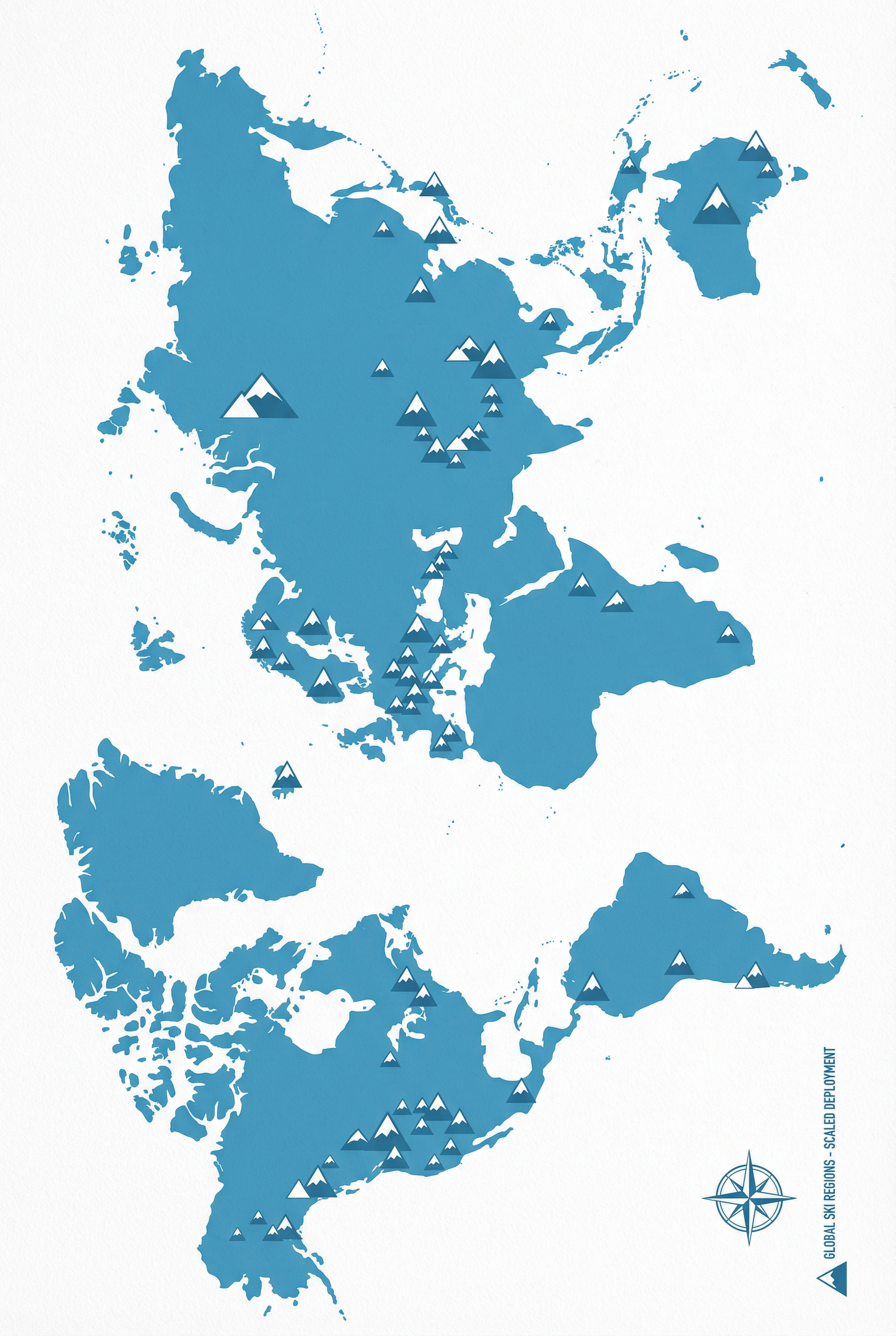 World map with ski regions across continents