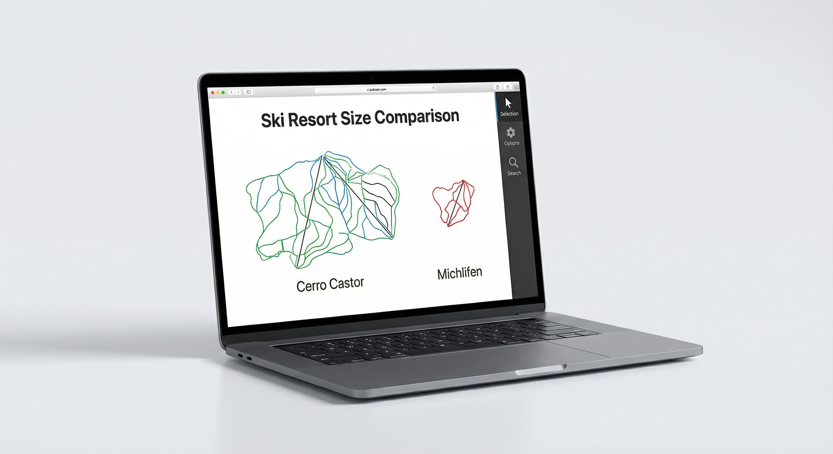 Laptop showing the Ski Resort Size Comparison tool with two resort trail maps side by side
