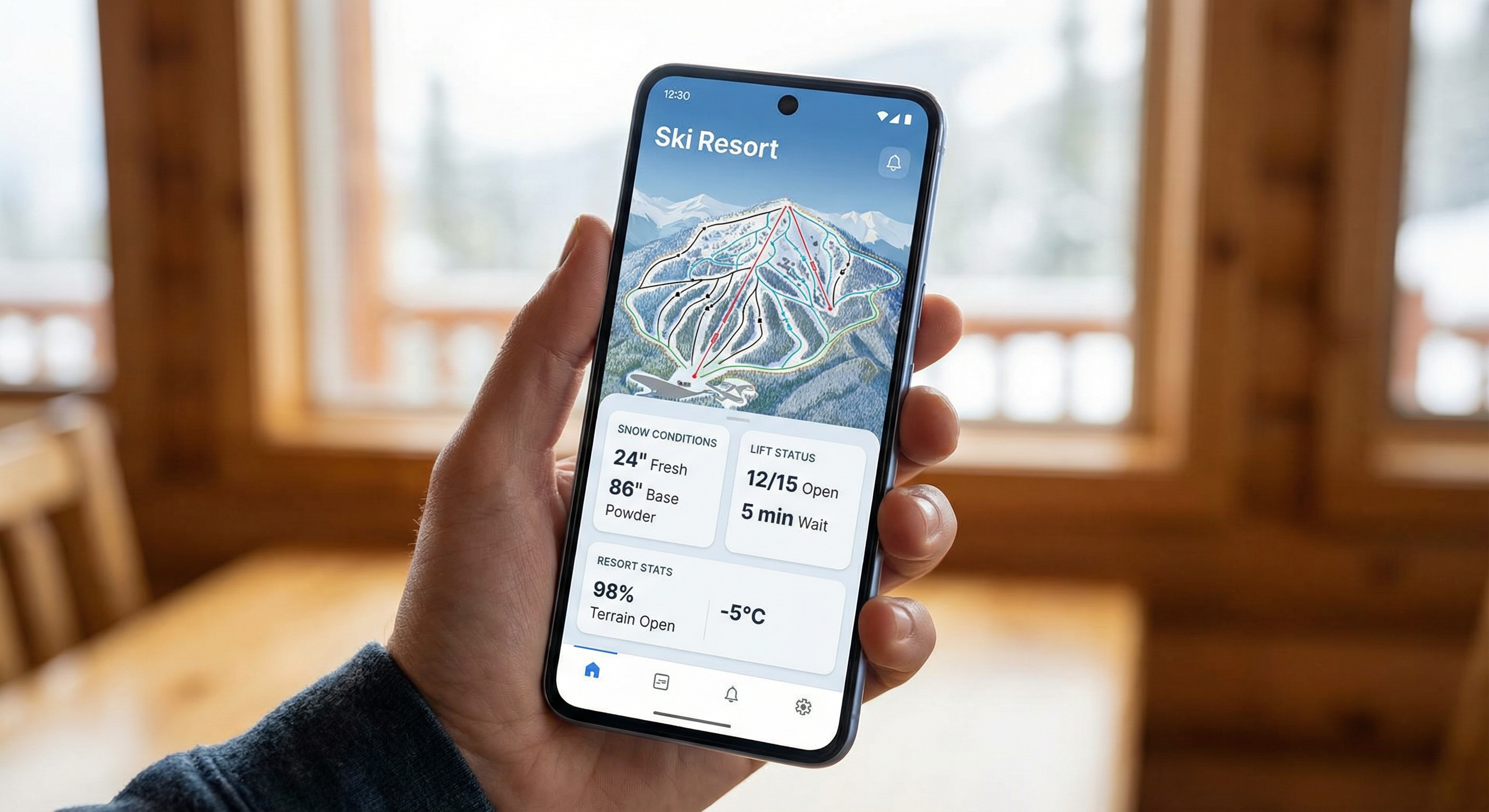 Phone showing ski resort dashboard